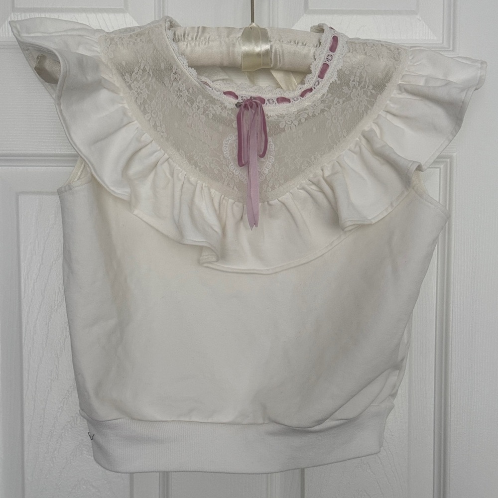 Vintage style White and Pink Lace Ruffle Blouse